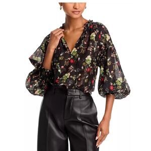 💕$375 ALICE + OLIVIA JULIUS SMOCKED BLUSH KISS BLACK TOP SHIRT BLOUSE SZ med